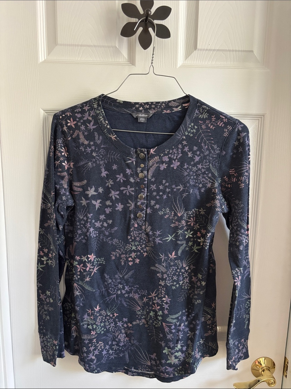 Eddie Bauer Navy Floral Henley Long-Sleeve Top with Button Placket